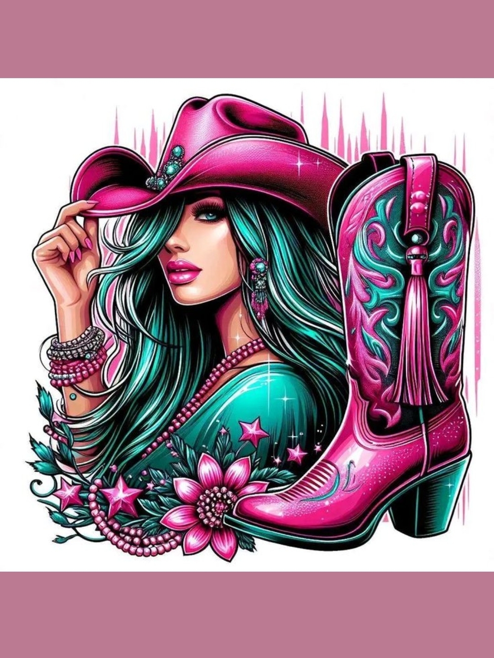 Pink Cowboy Hat & Boot Art Print with Teal Accents